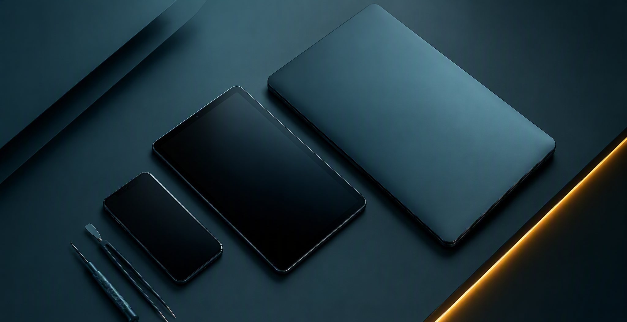Tablet and electronics repair tools arranged on a work surface